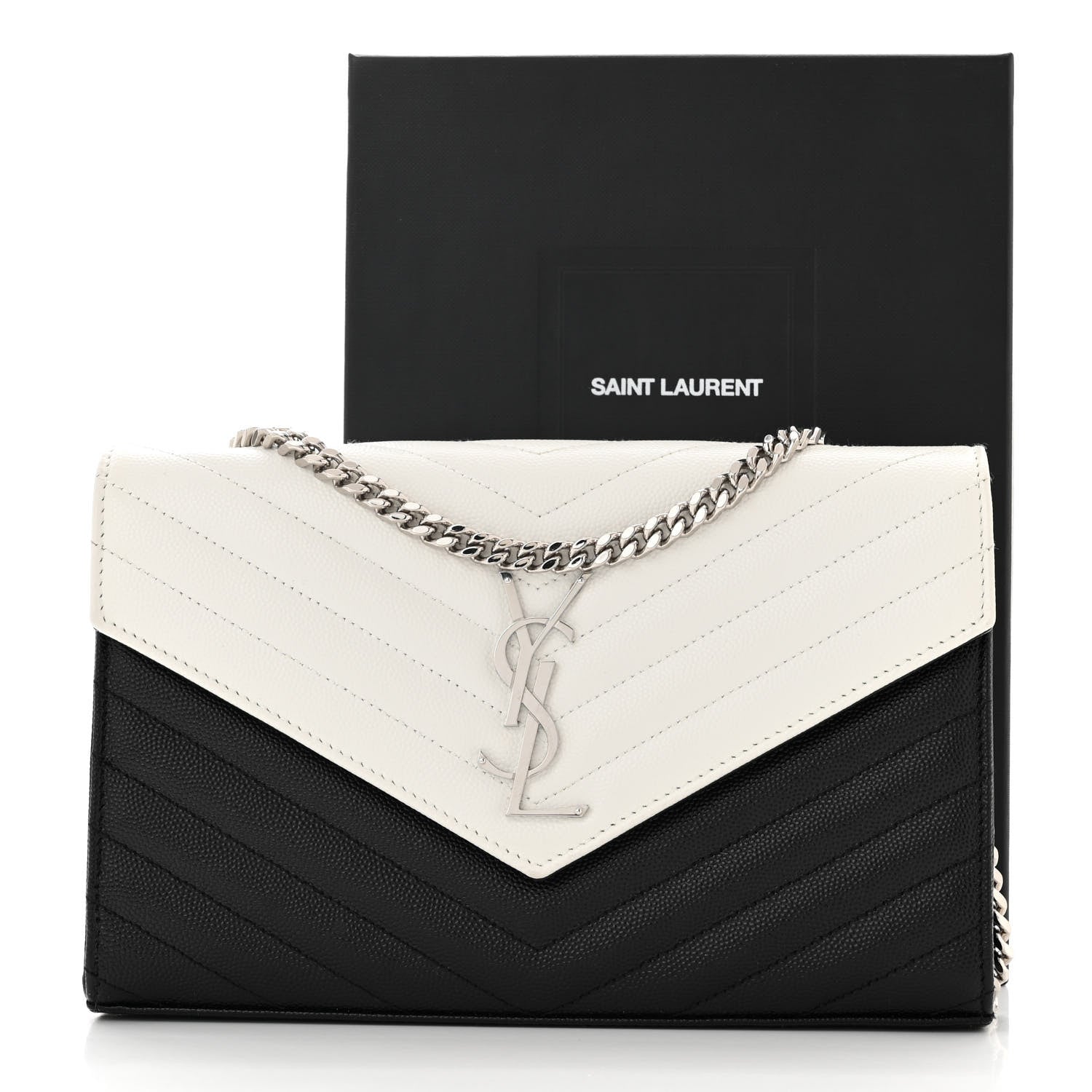 Saint Laurent Grain De Poudre Matelasse Chevron Bi-Color Monogram Chain Wallet White Black 11 of 11