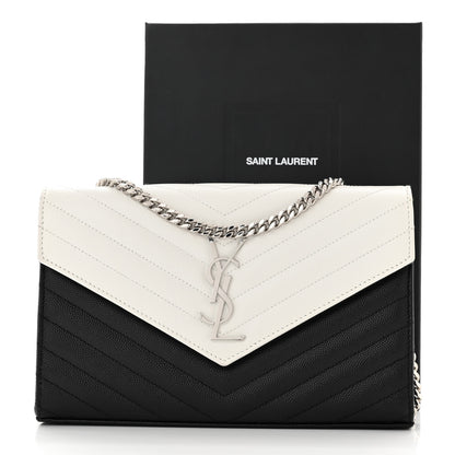 Saint Laurent Grain De Poudre Matelasse Chevron Bi-Color Monogram Chain Wallet White Black 11 of 11