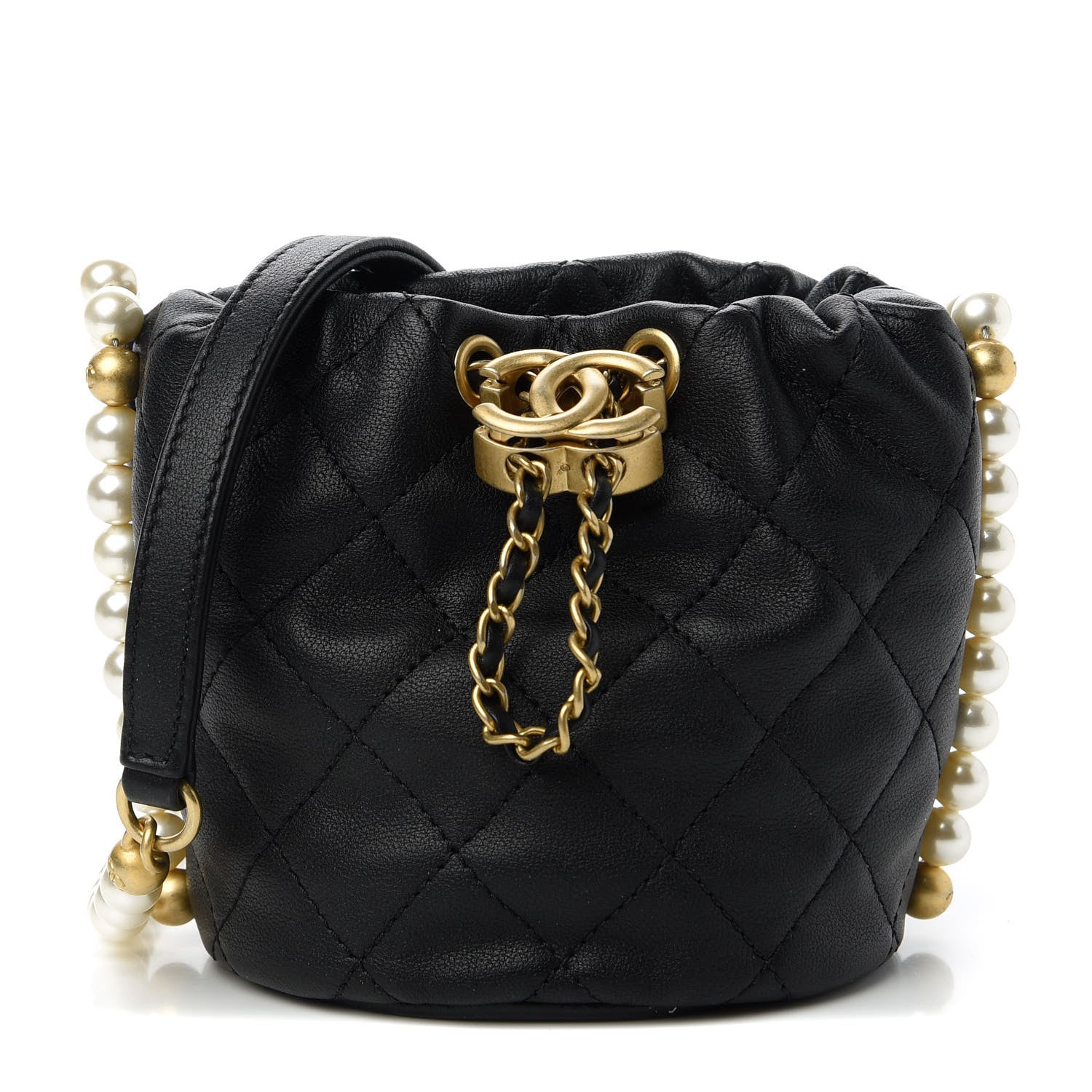 Chanel Calfskin Quilted Pearl Mini About Pearls Drawstring Bucket Bag Black 1 of 11