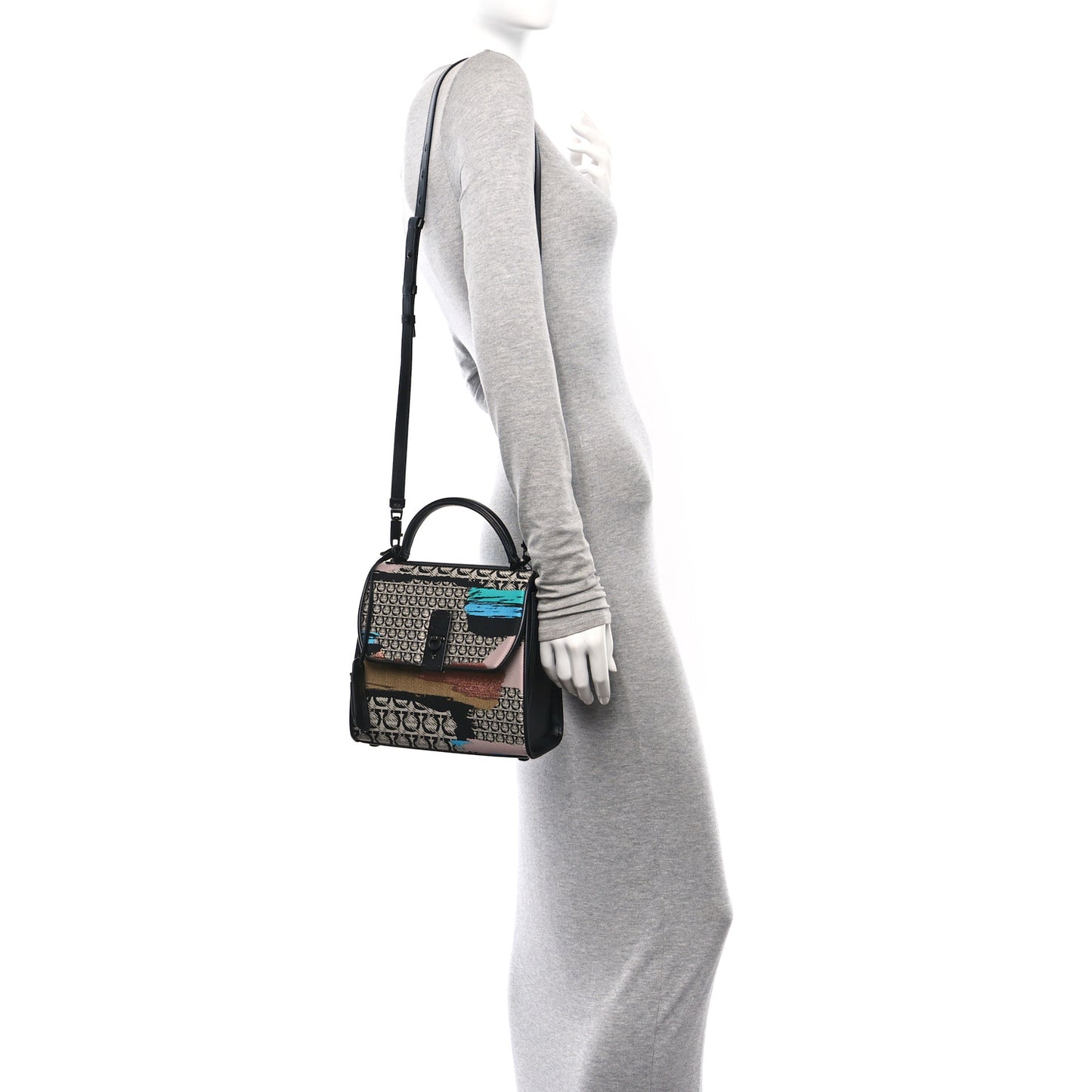 Silk Calfskin Gancini Small Boxyz Black Avorio Azzur