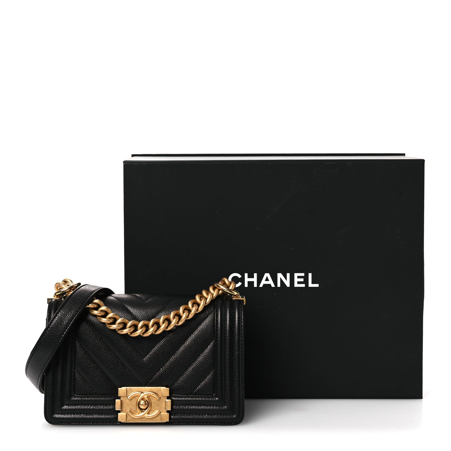 Caviar Chevron Quilted Small Boy Flap Black