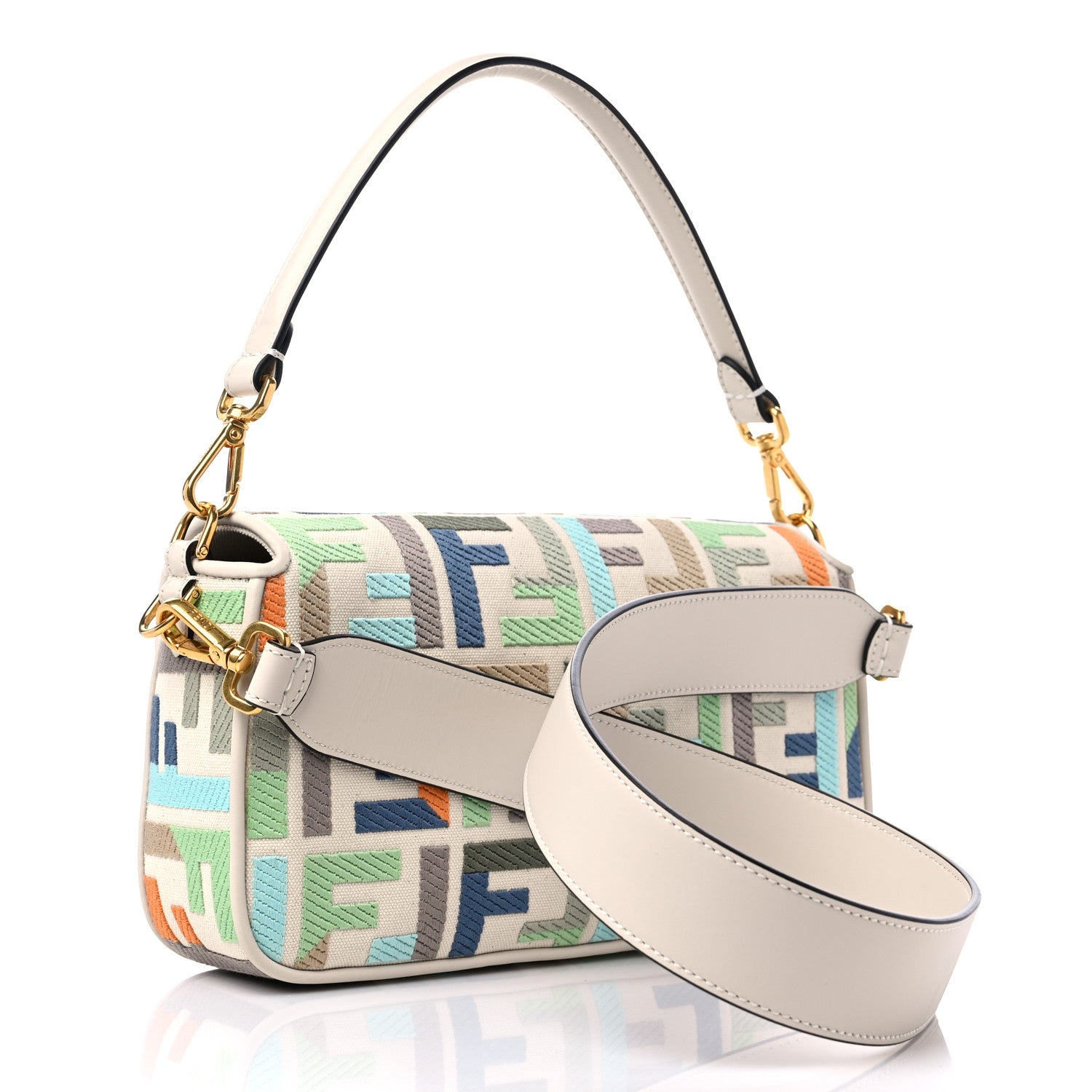 Fendi Canvas Vitello Seta FF Multicolor Embroidered Baguette Grezzo Multicolor Latte 3 of 8