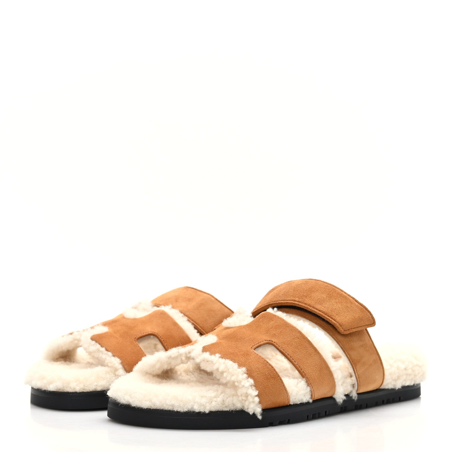 Hermes Suede Goatskin Woolskin Womens Chypre Sandals 37 Brun Fume Ecru 3 of 8