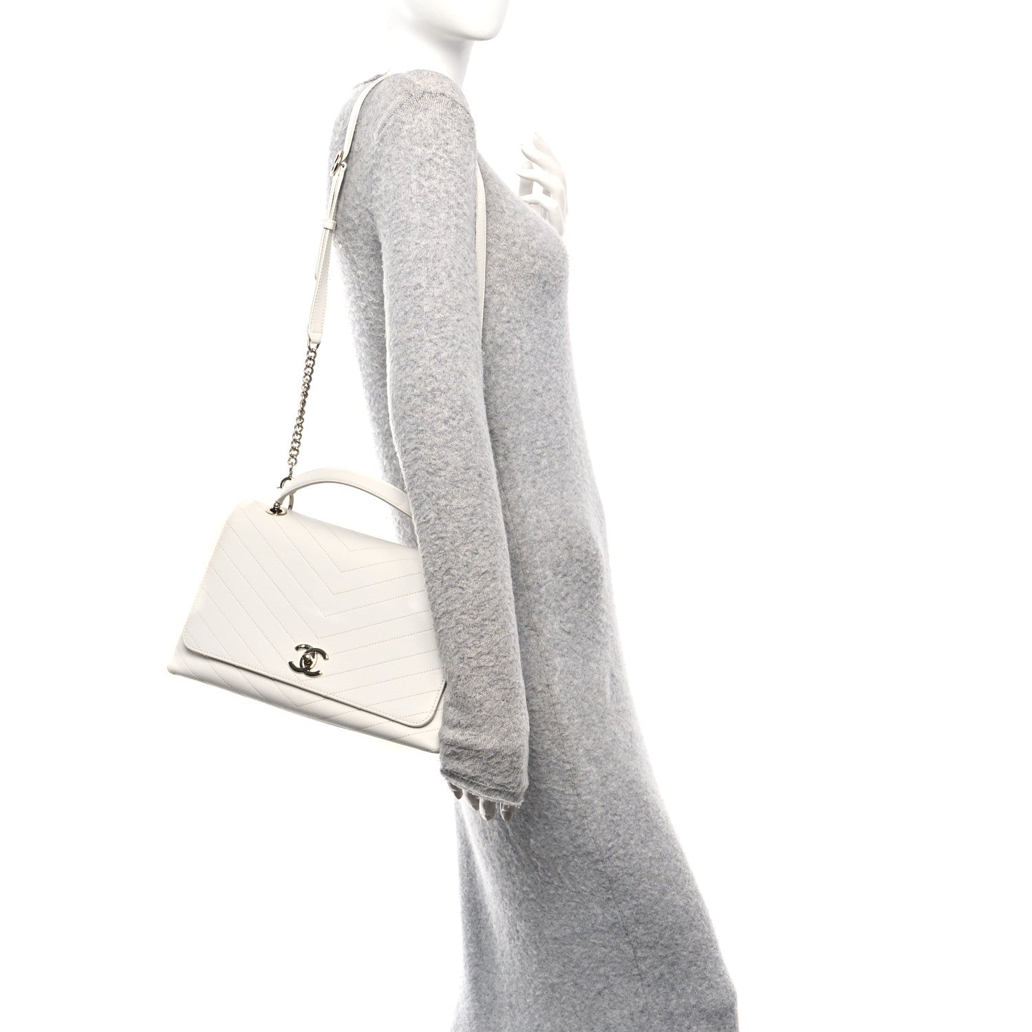 Chanel Grained Calfskin Stitched Medium Chevron Chic Top Handle Flap White 2 of 10