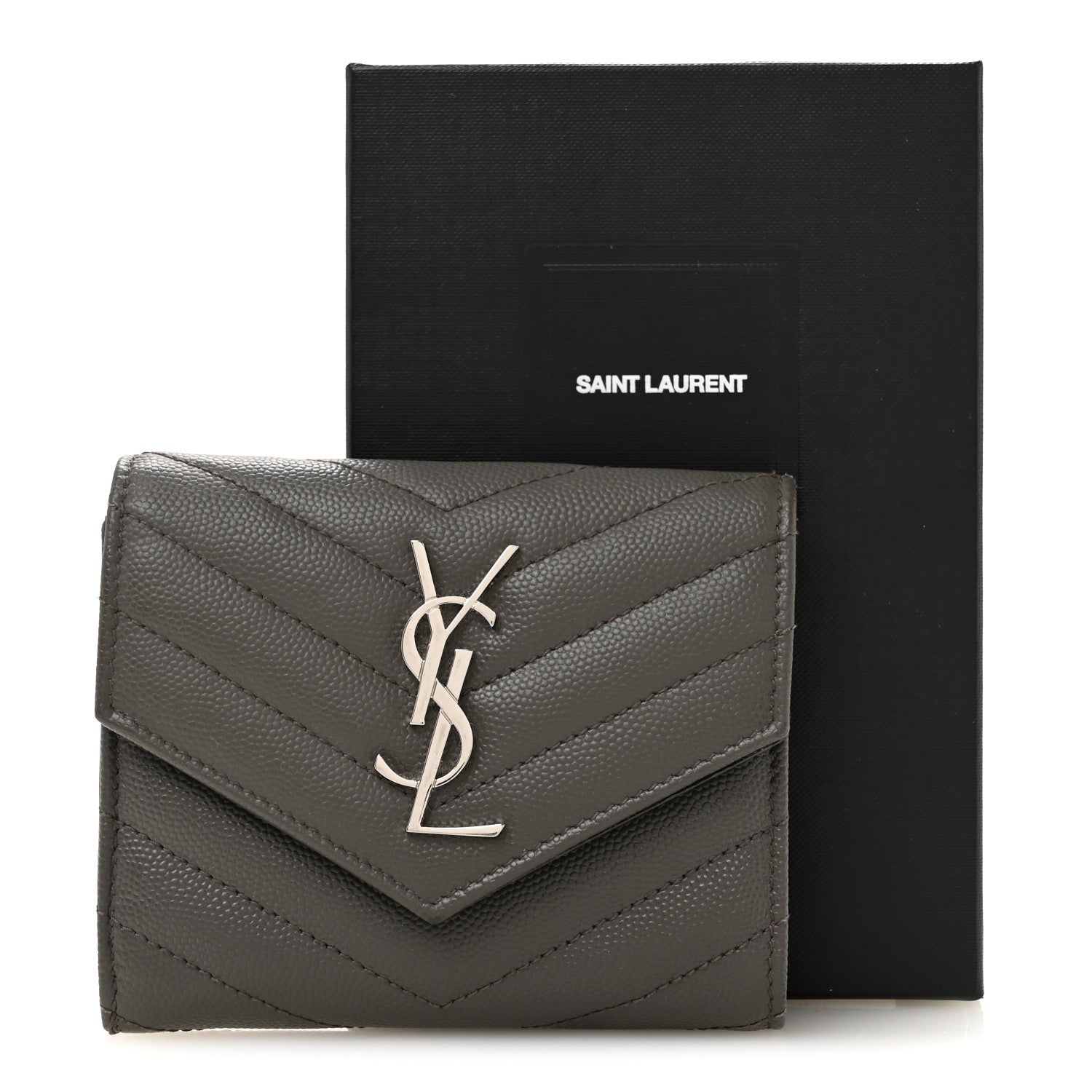 Saint Laurent Grain De Poudre Matelasse Chevron Monogram Compact Tri Fold Wallet Coffee 12 of 12