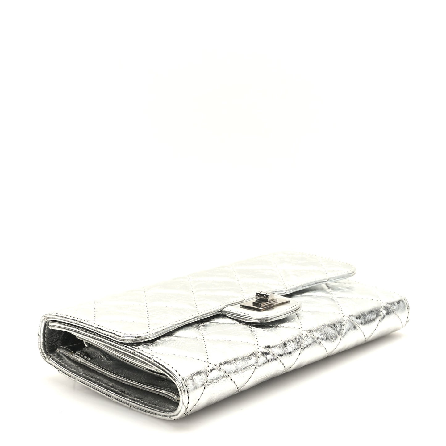 Metallic Aged Calfskin Quilted Reissue Long Flap Wallet Light Silver