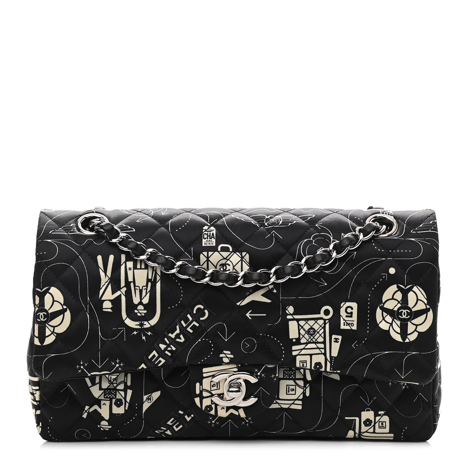 Chanel Satin Airline Printed Medium Double Flap Black White 1 of 12