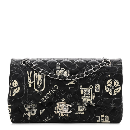 Chanel Satin Airline Printed Medium Double Flap Black White 1 of 12