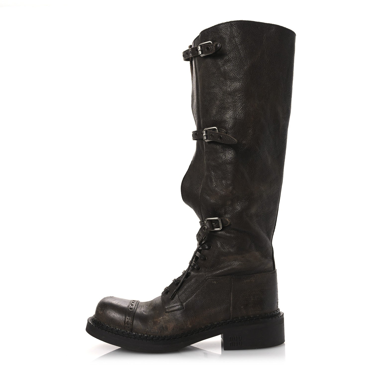 Miu Miu Antique Calfskin Buckle Boots 36.5 Cacao 1 of 14