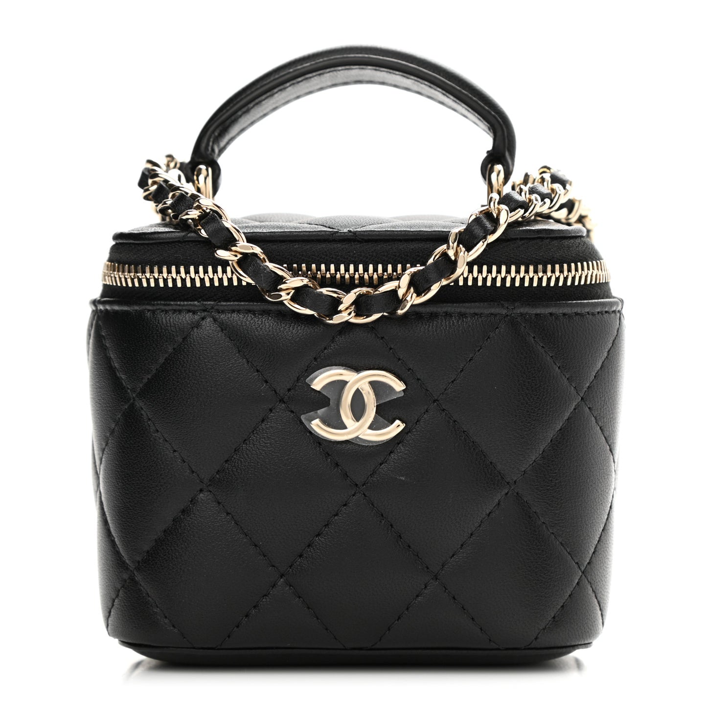 Lambskin Quilted Top Handle Mini Vanity Case With Chain Black