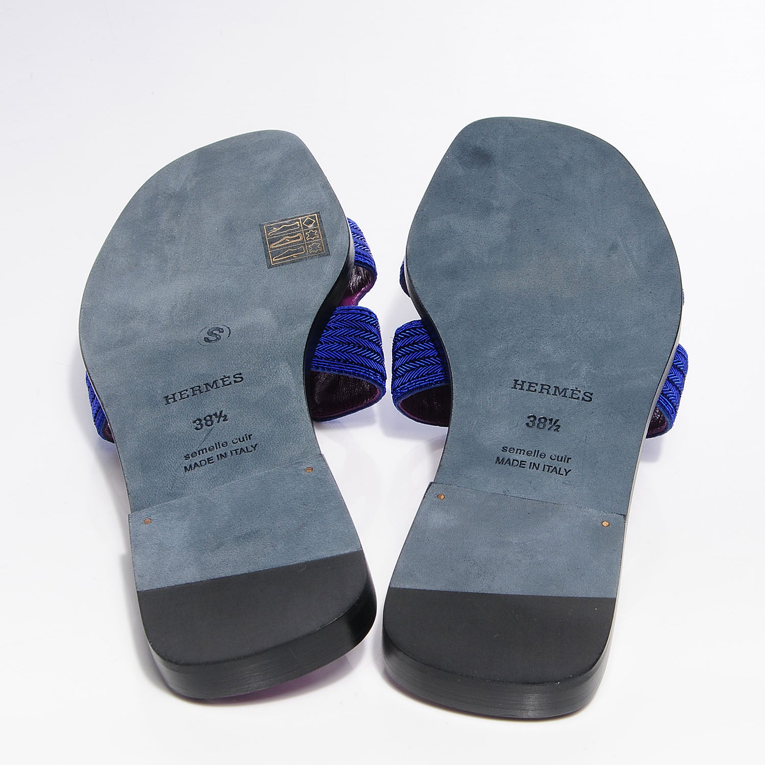 Hermes Herringbone Dabka Oran Sandals 38.5 Bleu 5 of 8