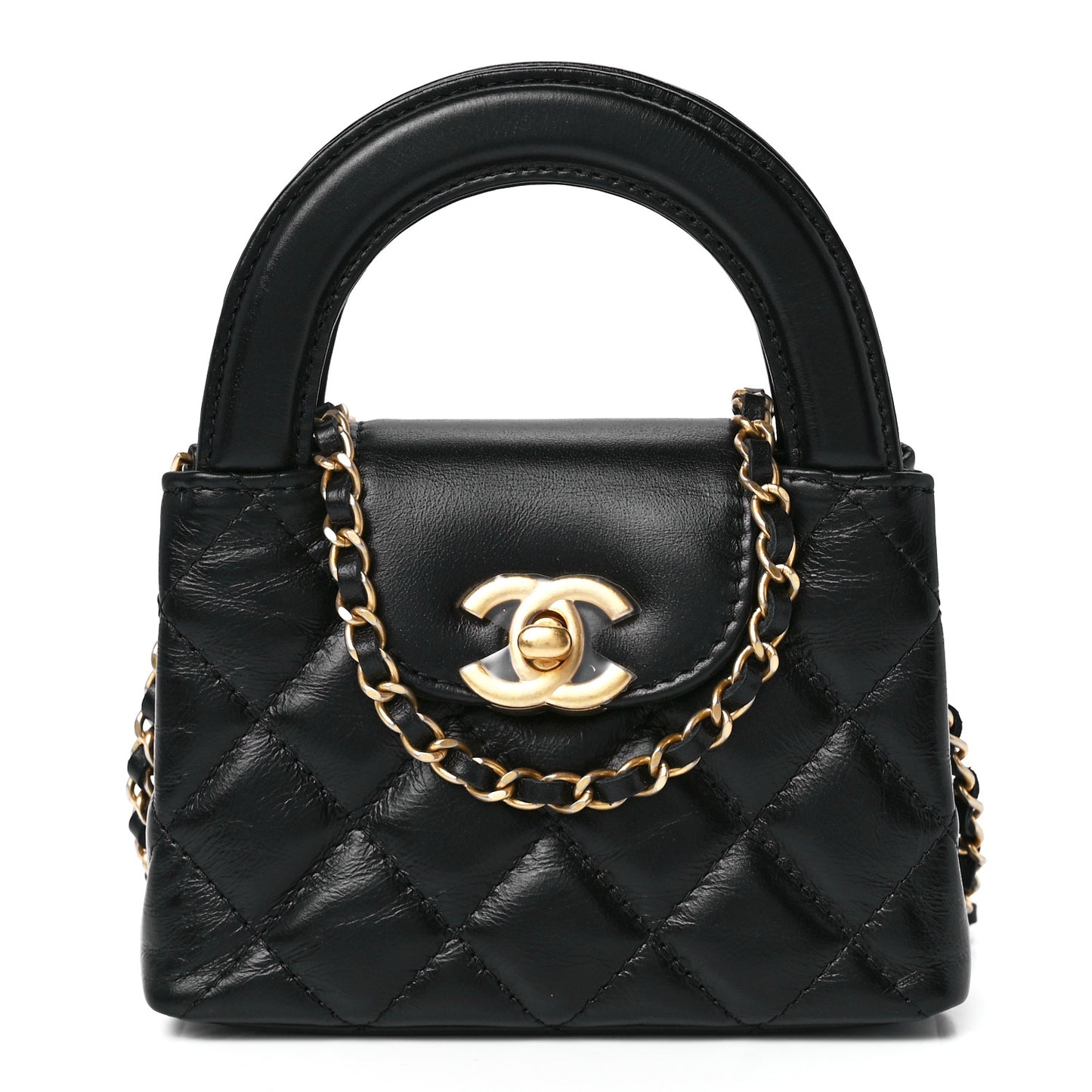 Shiny Aged Calfskin Quilted Mini Nano Kelly Shopper Black