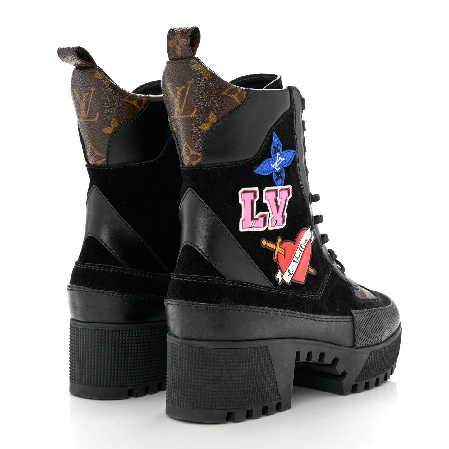 Suede Calfskin Monogram LV Black Heart Laureate Platform Desert Boots 37.5 Black