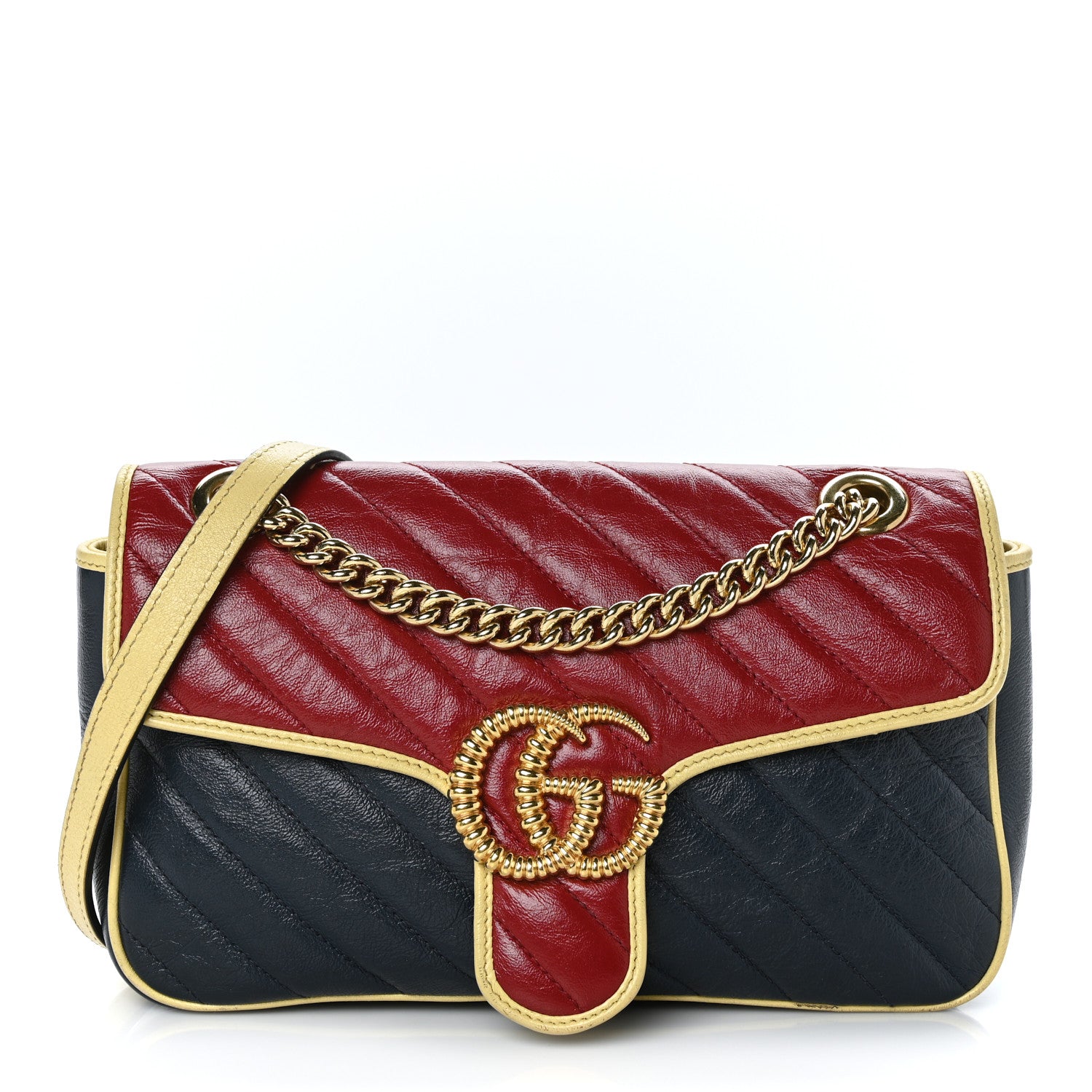 product image of GUCCI Vintage Effect Calfskin Matelasse Diagonal Small Torchon GG Marmont Shoulder Bag Blue Romantic Cherry Butter FASHIONPHILE