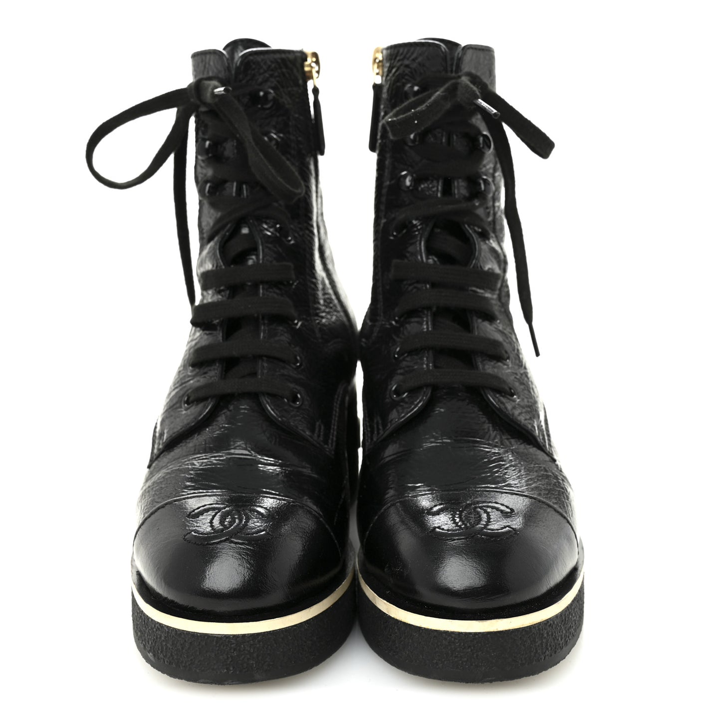 Shiny Crumpled Lambskin Lace Up Combat Boots 37 Black