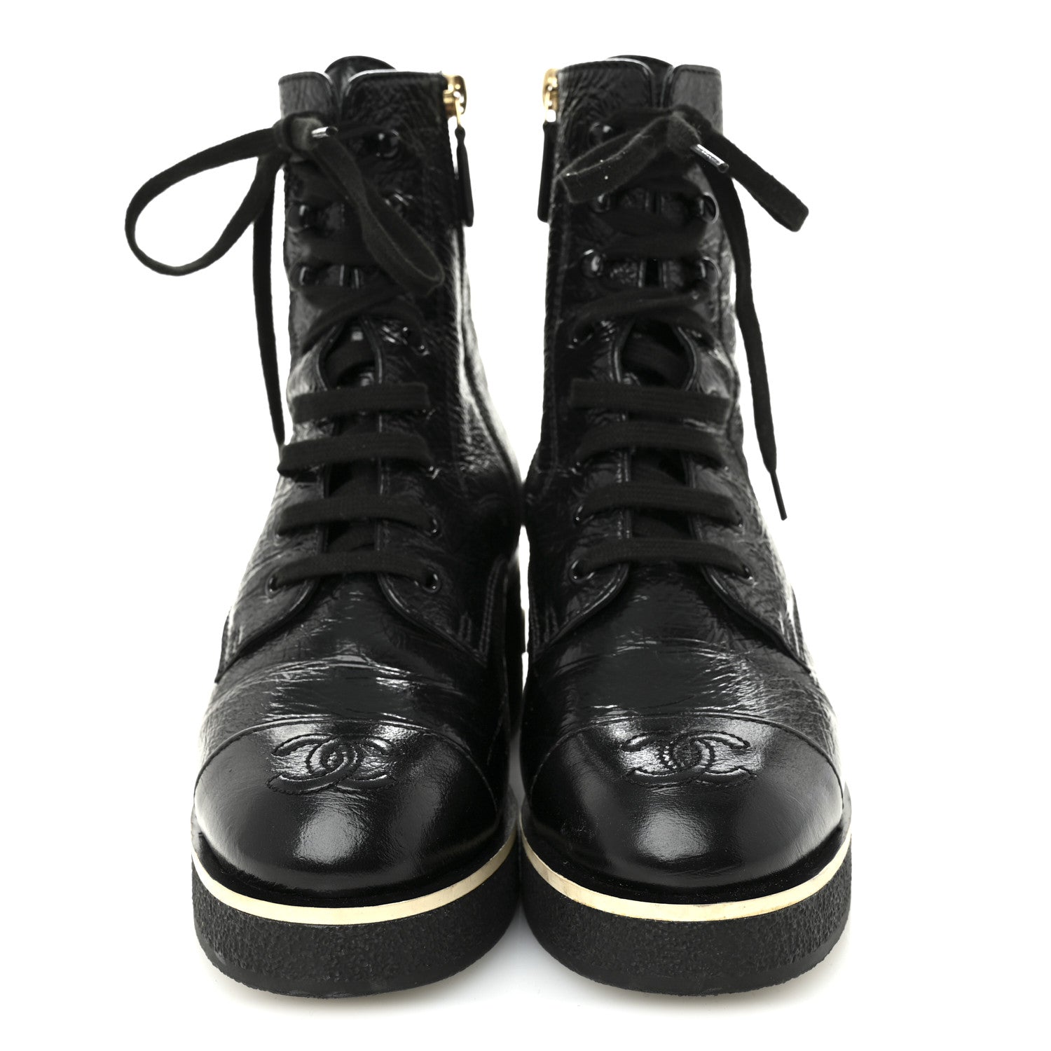 Chanel Shiny Crumpled Lambskin Lace Up Combat Boots 37 Black 3 of 9