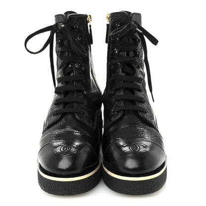 Chanel Shiny Crumpled Lambskin Lace Up Combat Boots 37 Black 3 of 9