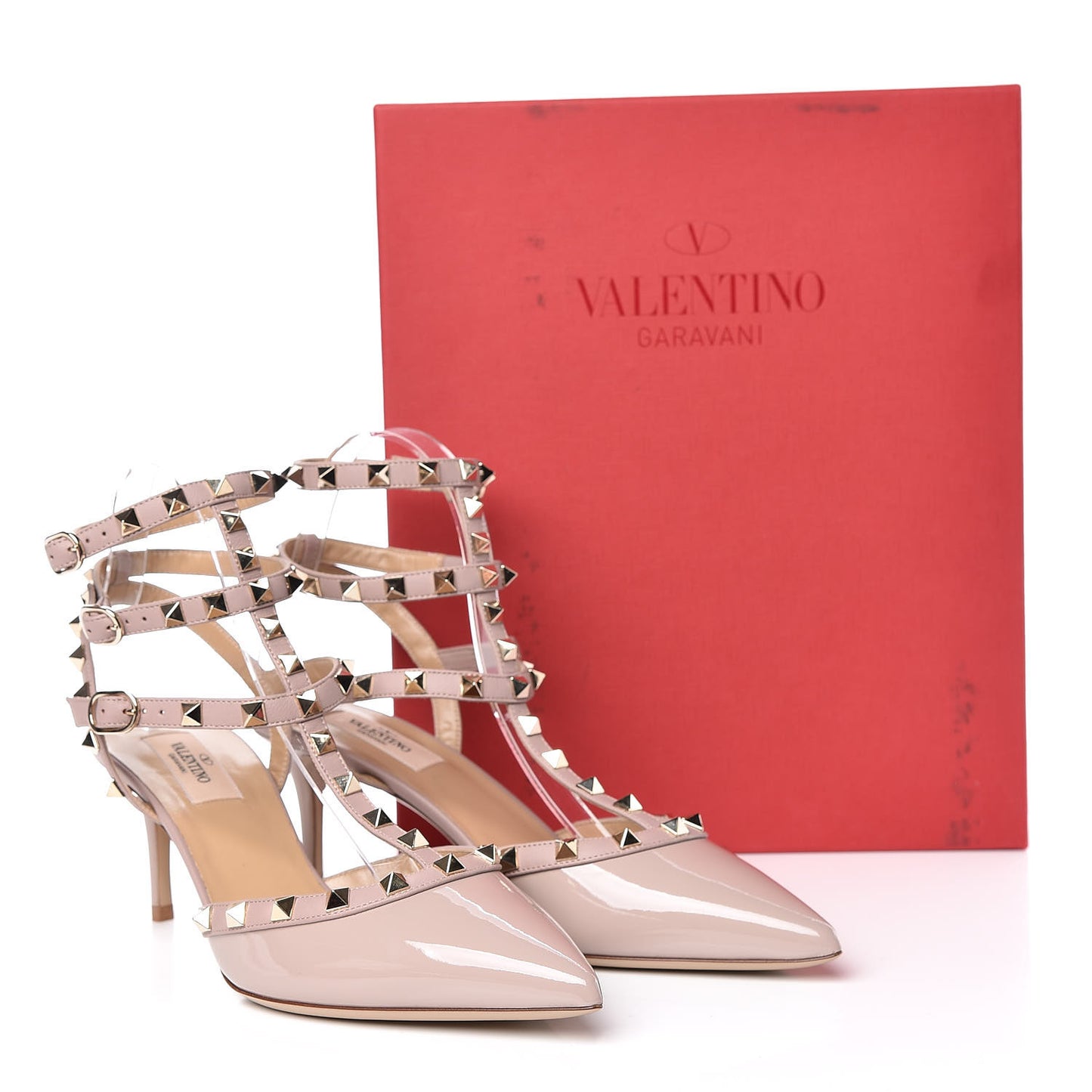 Patent Rockstud Ankle Strap Low Heel Pumps 40 Poudre