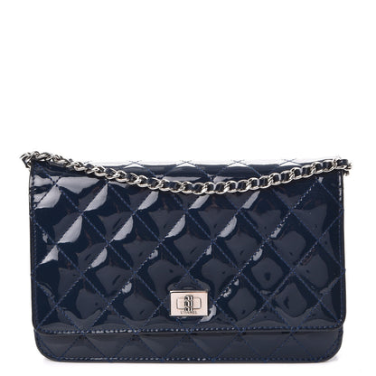 Chanel Patent Calfskin Quilted Reissue Wallet On Chain WOC Dark Navy Blue 1 of 9