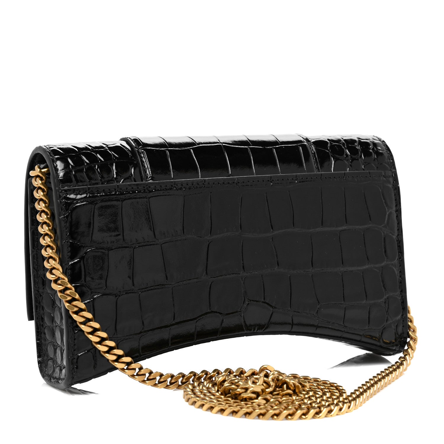 Balenciaga Shiny Calfskin Crocodile Embossed Hourglass Chain Bag Black 2 of 8