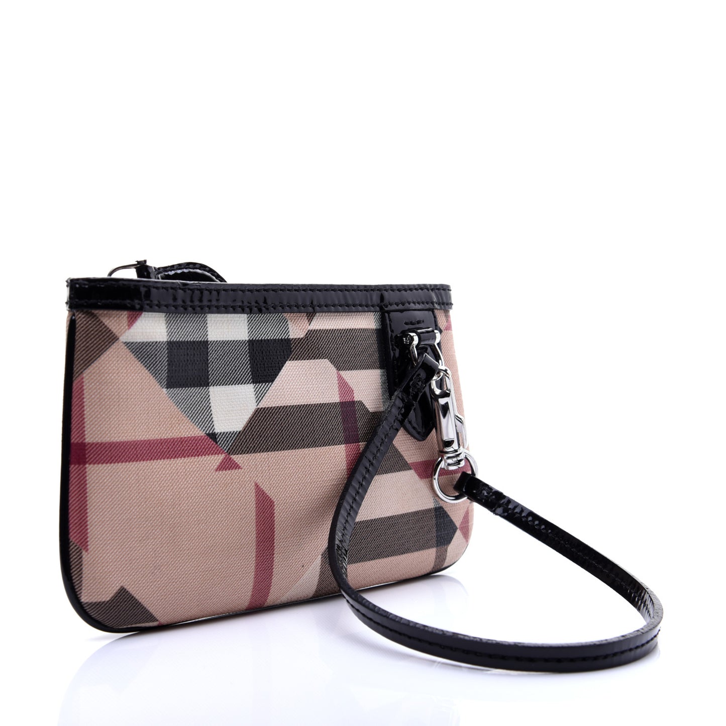 Patchwork Check Patent Wristlet Pouch Black