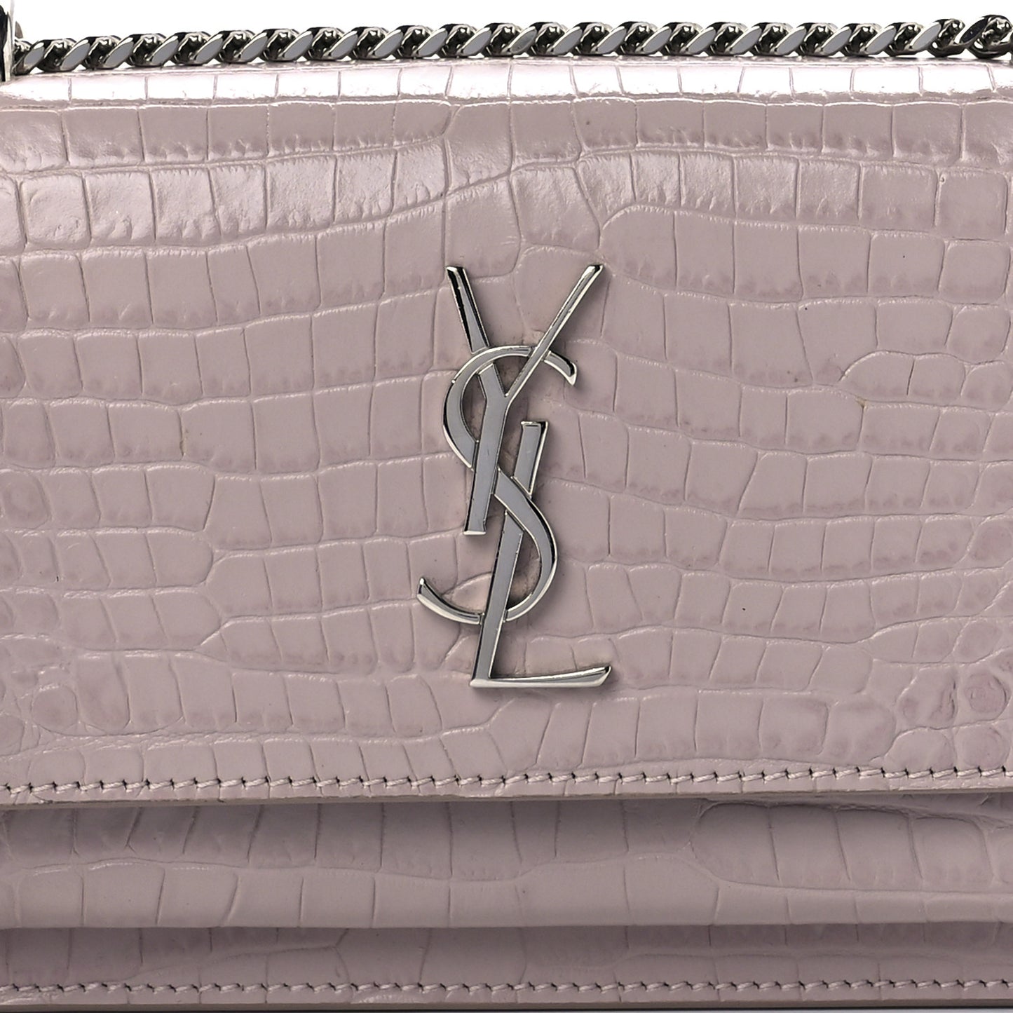 Calfskin Crocodile Embossed Monogram Sunset Chain Wallet Marble Pink