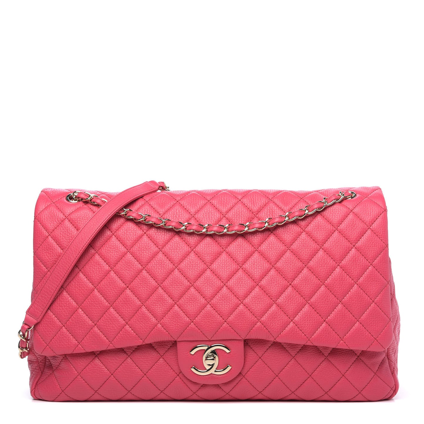 Calfskin Quilted XXL Travel Flap Bag Dark Pink