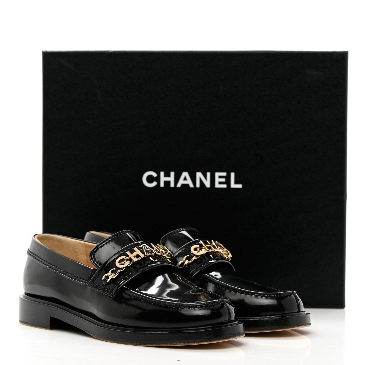 Chanel Shiny Calfskin Logo Loafers 35 Black 18 of 18