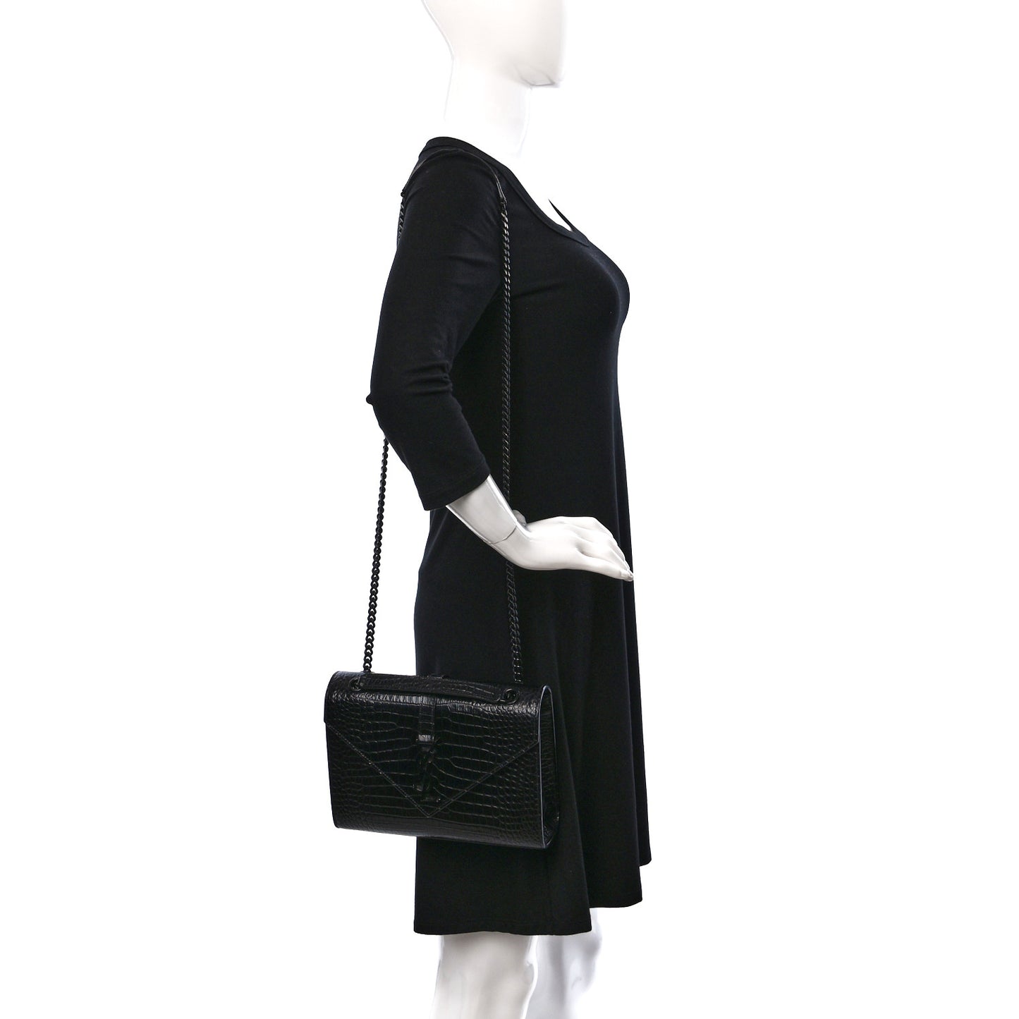Calfskin Crocodile Embossed Medium Monogram Envelope Chain Shoulder Bag Black