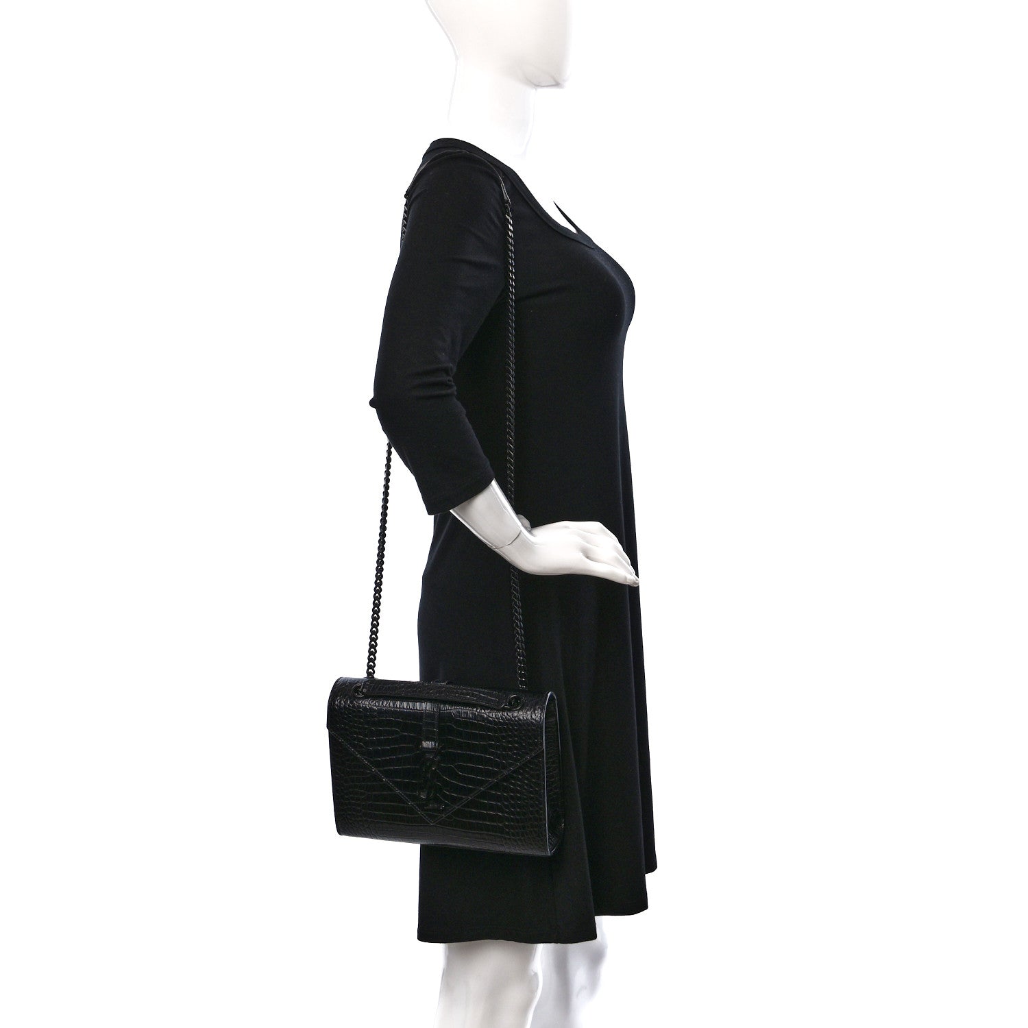 Saint Laurent Calfskin Crocodile Embossed Medium Monogram Envelope Chain Shoulder Bag Black 2 of 9
