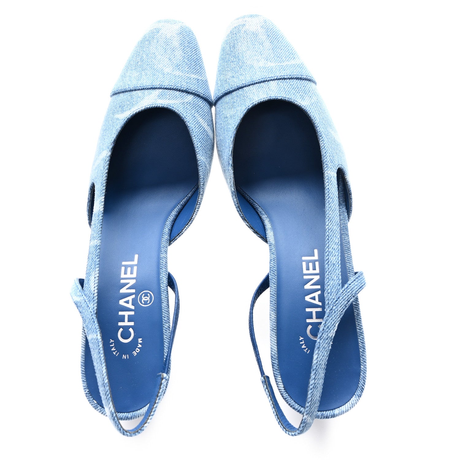 Chanel Printed Denim Cap Toe CC Slingback Pumps 39 Light Blue White 2 of 10