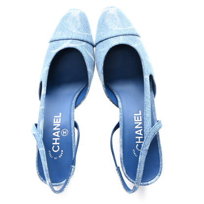 Chanel Printed Denim Cap Toe CC Slingback Pumps 39 Light Blue White 2 of 10