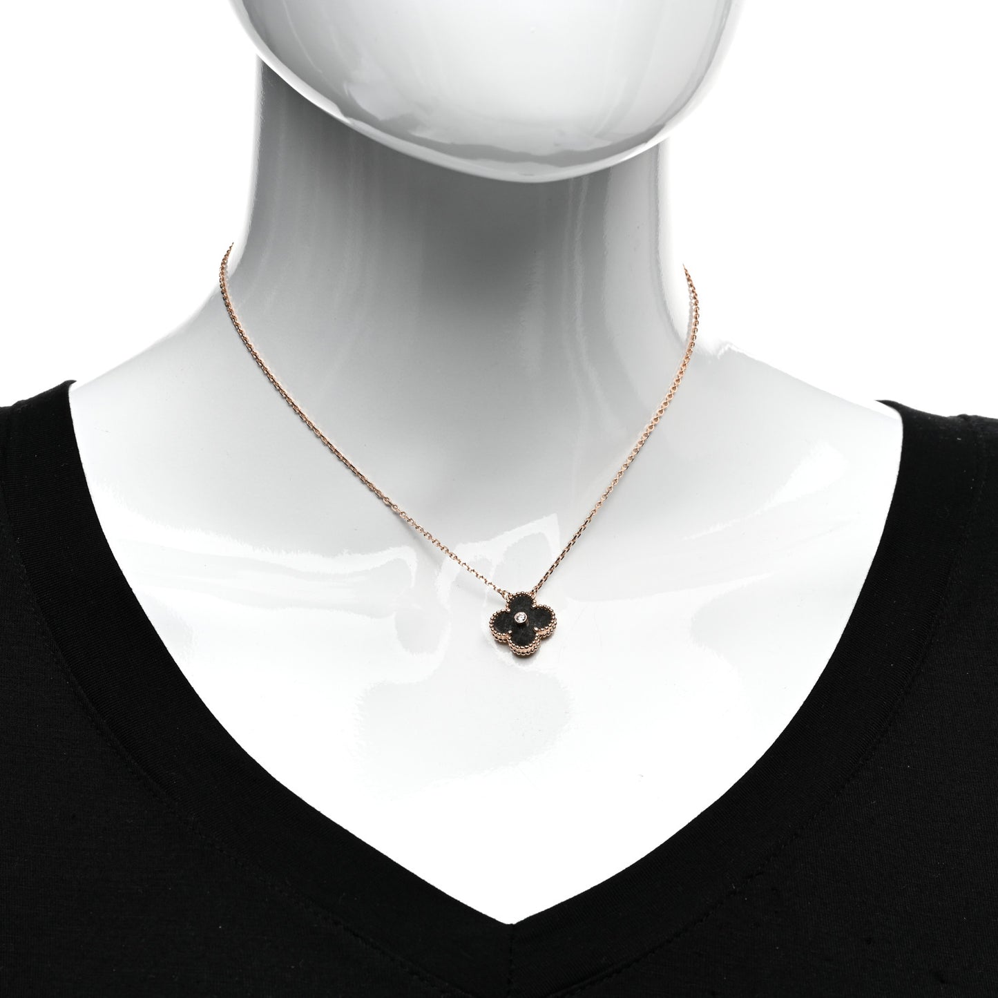 18K Rose Gold Diamond Silver Obsidian Vintage Alhambra Pendant Necklace