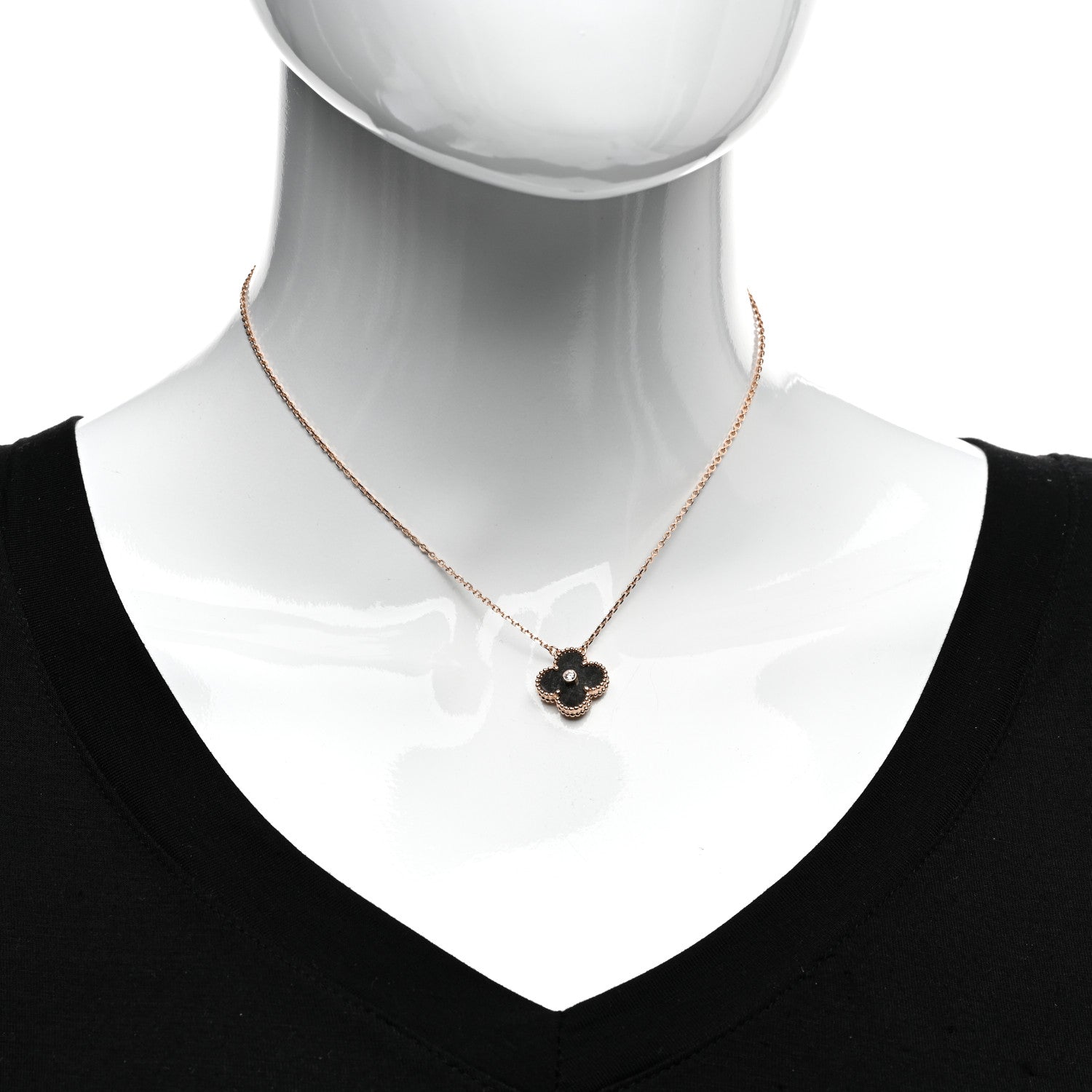 Van Cleef & Arpels 18K Rose Gold Diamond Silver Obsidian Vintage Alhambra Pendant Necklace 2 of 4