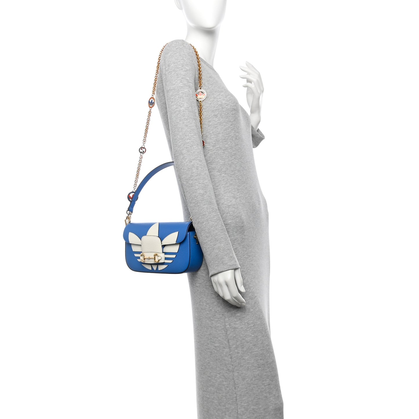 X ADIDAS Textured Dollar Calfskin Web Small Trefoil Horsebit 1955 Shoulder Bag Blue Off White