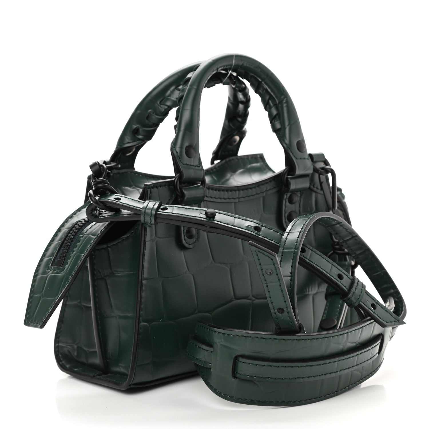 Balenciaga Semi Shiny Calfskin Crocodile Embossed Neo Classic Black Hardware Nano City Crossbody Forest Green 3 of 8
