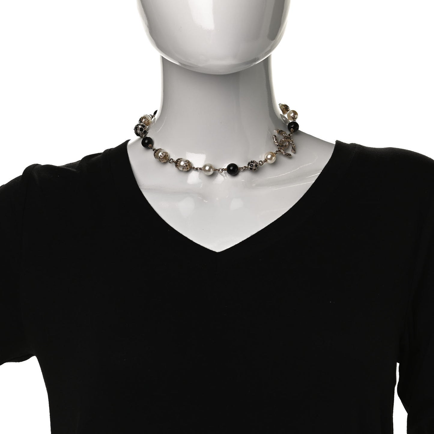 Pearl Crystal Bead CC Choker Necklace Black Gold