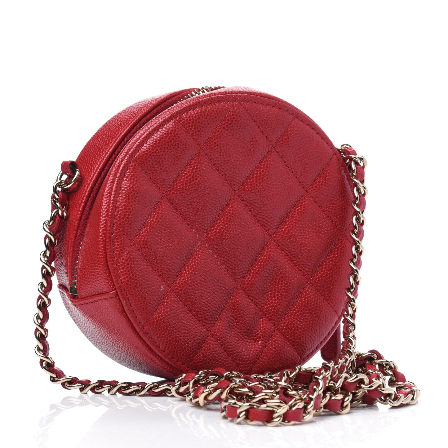 Caviar Quilted Round Clutch With Chain Red