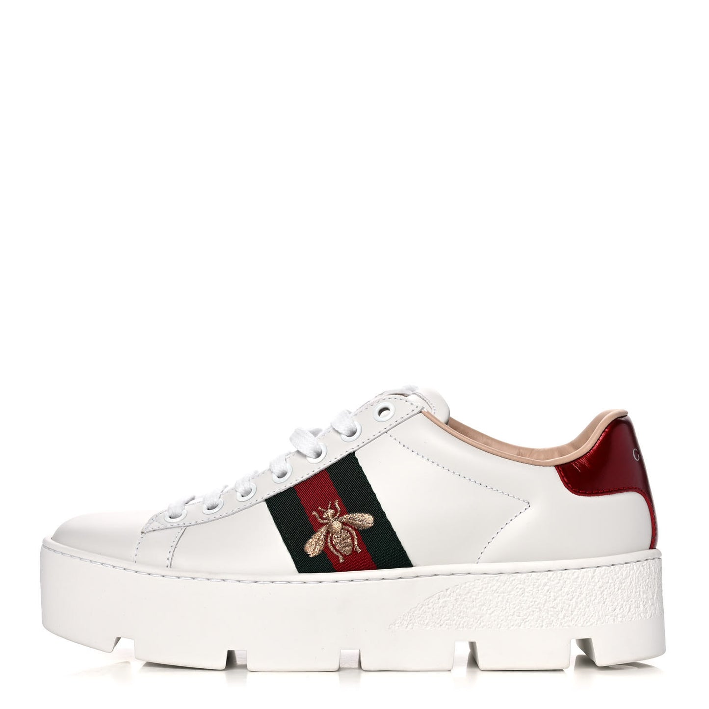 Calfskin Web Bee Embroidered Womens Ace Platform Sneakers 36 White