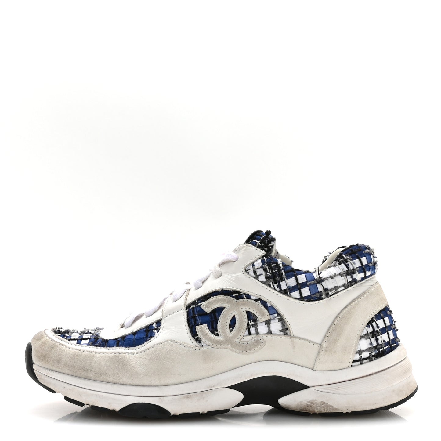 Tweed Suede Calfskin Womens CC Sneakers 39.5 Dark Blue Black Grey White