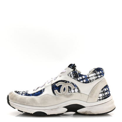 Chanel Tweed Suede Calfskin Womens CC Sneakers 39.5 Dark Blue Black Grey White 1 of 7