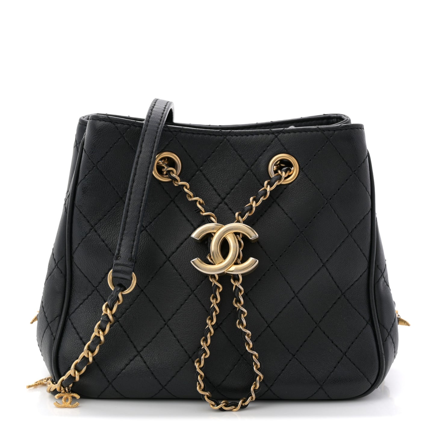 Calfskin Stitched Small Egyptian Amulet Drawstring Bag Black