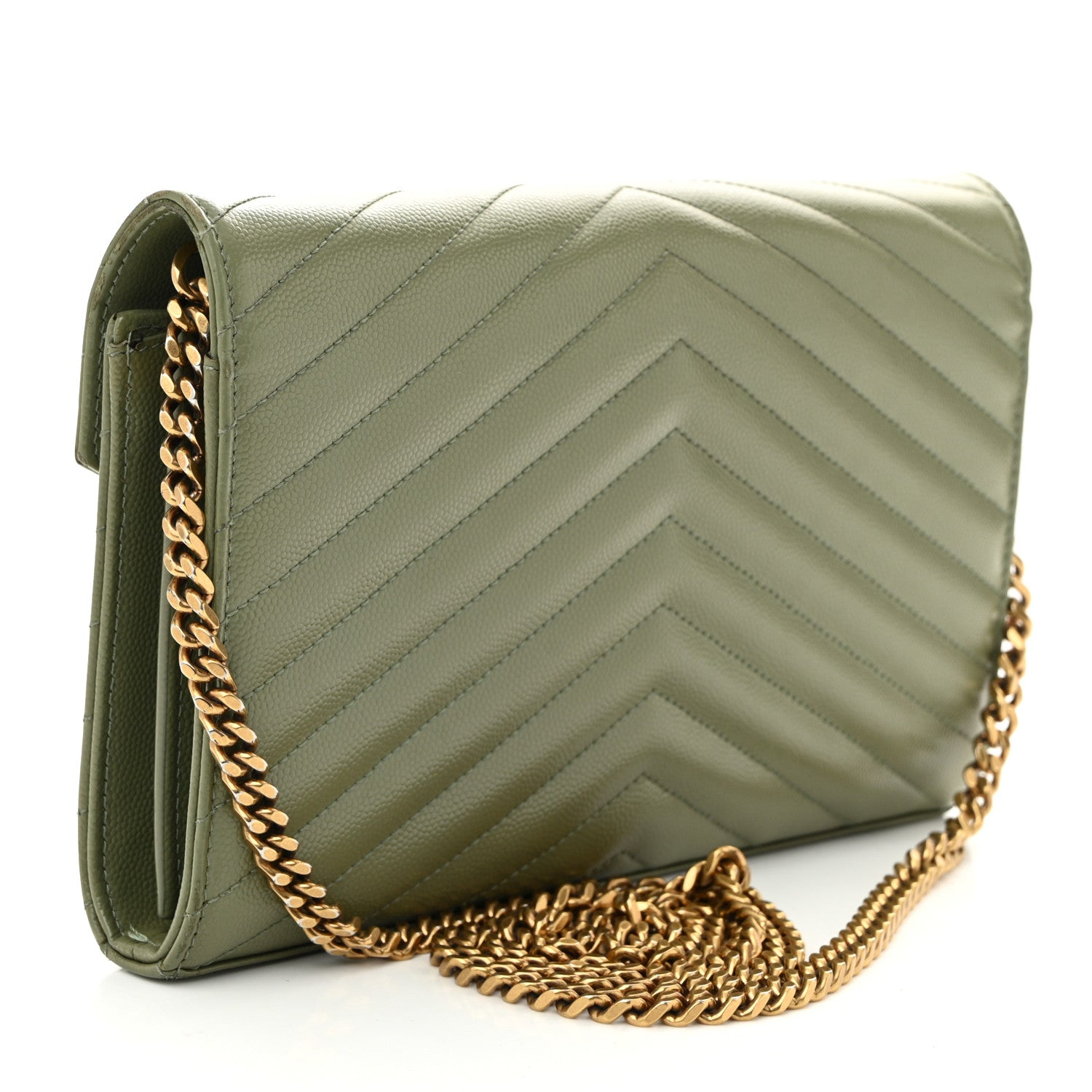 Saint Laurent Grain De Poudre Matelasse Chevron Monogram Chain Wallet Pistachio 3 of 16