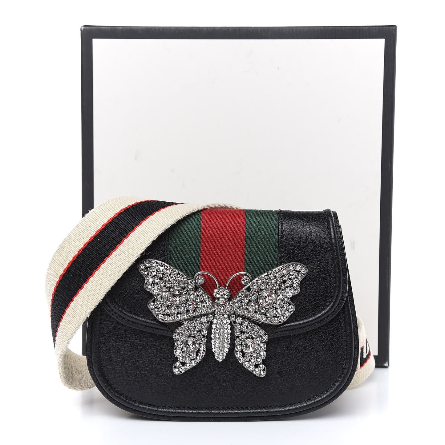 Calfskin Web Crystal Butterfly Stripe Small Totem Shoulder Bag Black