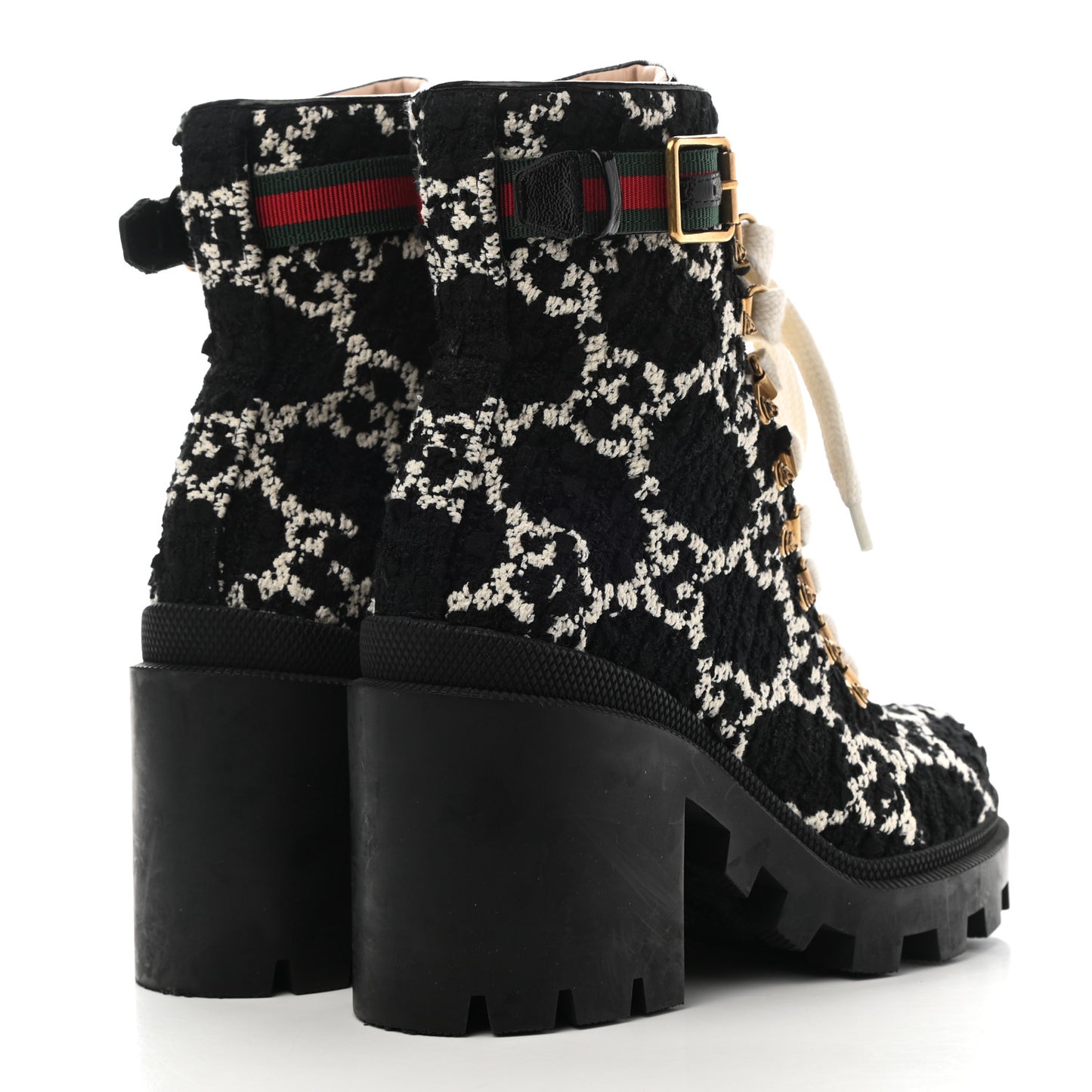 Tweed GG Monogram Lace Up Combat Ankle Boots 36 Black