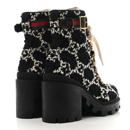 Gucci Tweed GG Monogram Lace Up Combat Ankle Boots 36 Black 4 of 11