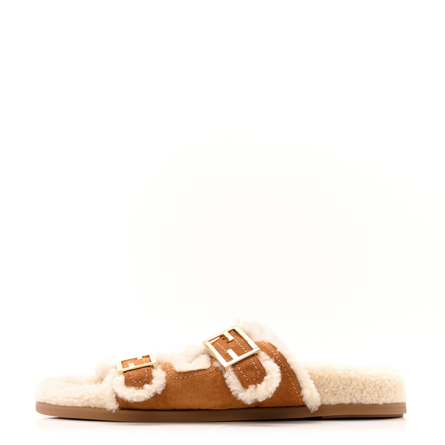 Fendi Suede Shearling Fendi Feel Buckled Slide Sandals 40 Beige Latte 1 of 10