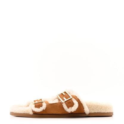 Fendi Suede Shearling Fendi Feel Buckled Slide Sandals 40 Beige Latte 1 of 10