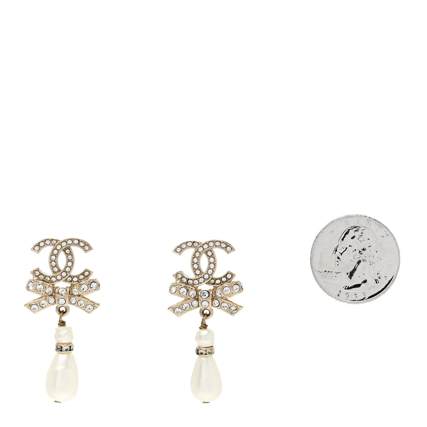 Chanel Crystal CC Bow Pearl Drop Earrings Gold Pearly White 2 of 4