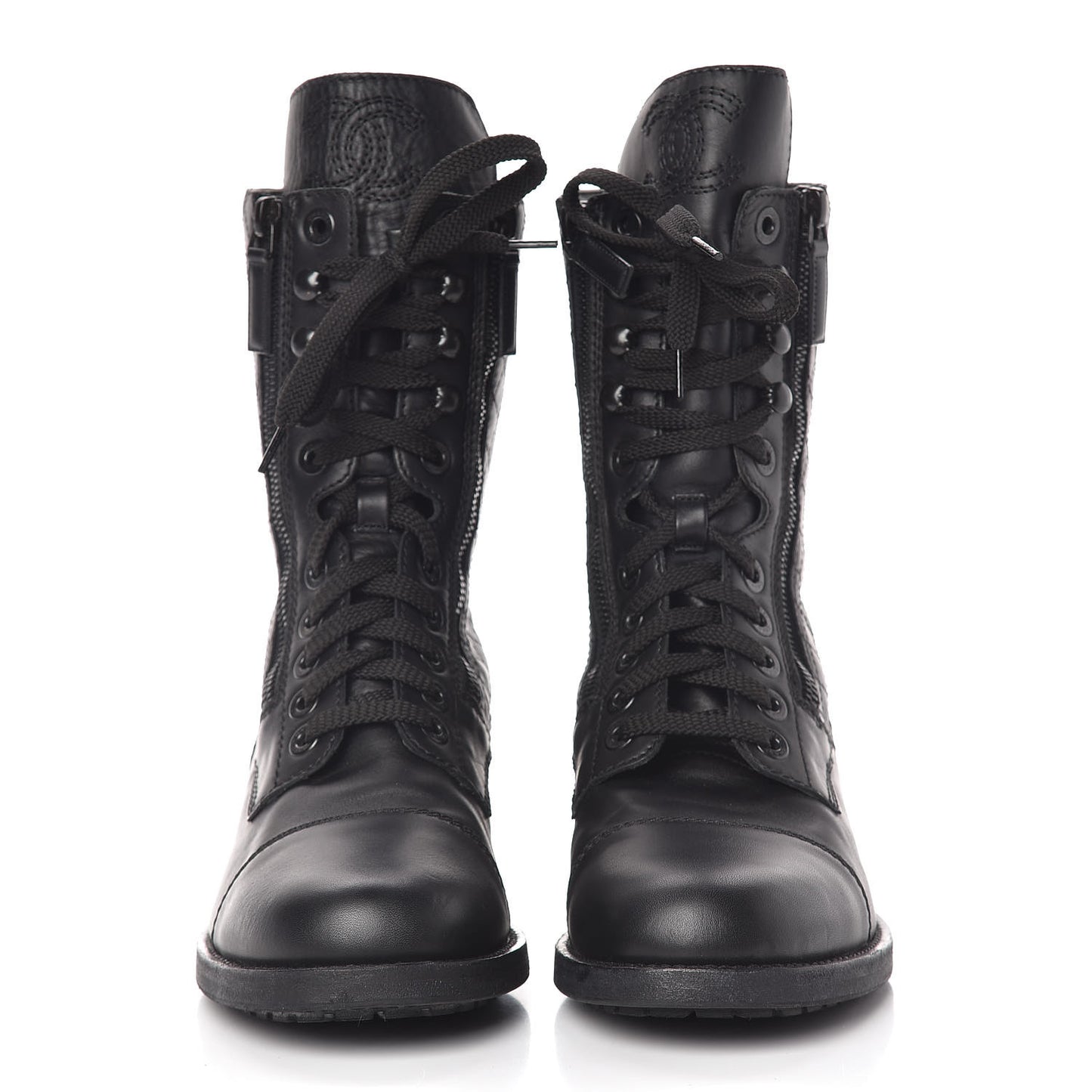 Calfskin Quilted CC Tall Lace Up Combat Boots 40 Black